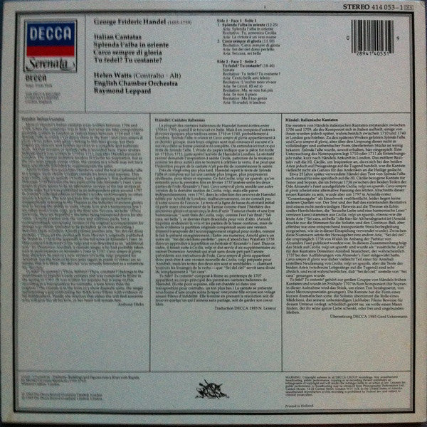Georg Friedrich Händel, Helen Watts, English Chamber Orchestra, Raymond Leppard : Italian Cantatas (LP, Album)