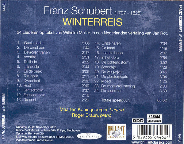 Franz Schubert - Jan Rot, Maarten Koningsberger, Roger Braun : Winterreis (In Een Nederlandse Vertaling Van Jan Rot) (CD, Album)