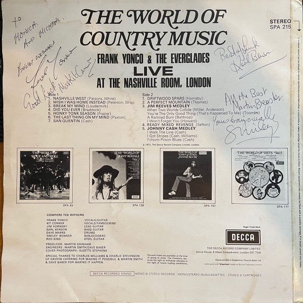 Frank Yonco And The Everglades : The World Of Country Music - Live At The Nashville Room, London (LP, Album)
