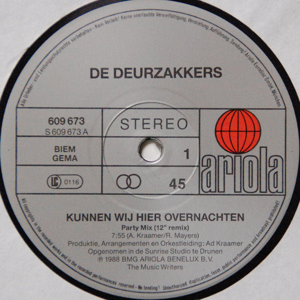 De Deurzakkers : Kunnen Wij Hier Overnachten (Party Mix) (12" Remix) (12", Maxi)