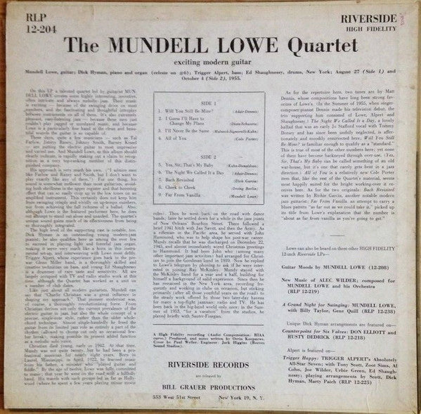 The Mundell Lowe Quartet : The Mundell Lowe Quartet (LP, Album, Mono)