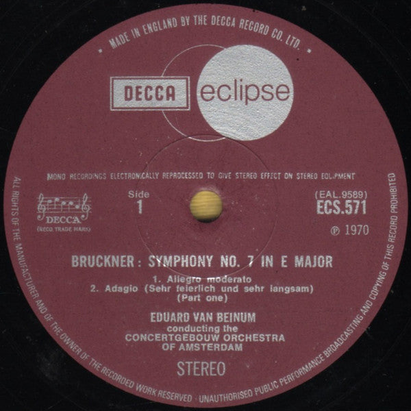 Anton Bruckner - Concertgebouworkest, Eduard Van Beinum : Symphony No. 7 In E Major (LP, RE, RM, Red)