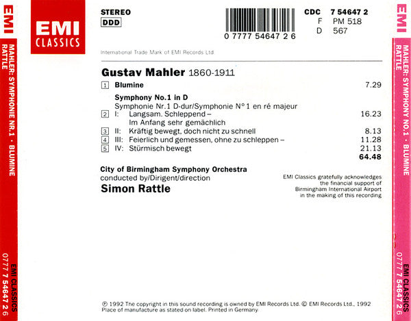 Gustav Mahler - City Of Birmingham Symphony Orchestra, Sir Simon Rattle : Symphonie No.1 (CD, Album)