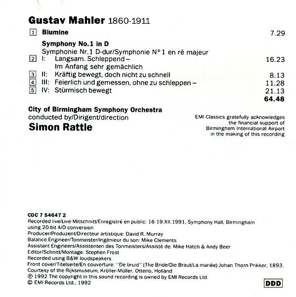 Gustav Mahler - City Of Birmingham Symphony Orchestra, Sir Simon Rattle : Symphonie No.1 (CD, Album)