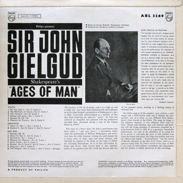 John Gielgud : Shakespeare's "Ages Of Man" (LP, Album, Mono)