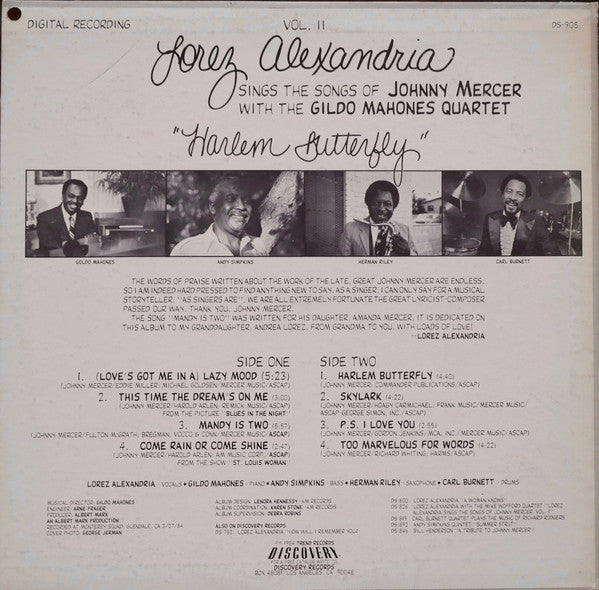Lorez Alexandria, The Gildo Mahones Quartet : Lorez Alexandria Sings Songs Of Johnny Mercer With The Gildo Mahones Quartet (Harlem Butterfly) (Vol. II) (LP, Album)