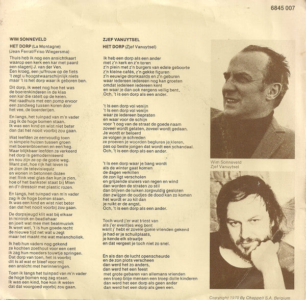 Wim Sonneveld / Zjef Vanuytsel : Mijn Dorp Van Toen (7", Single)