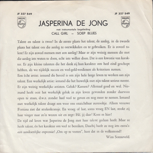 Jasperina de Jong : Call Girl / Soep Blues (7", Single, Mono)
