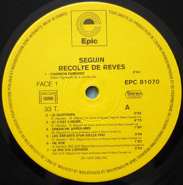 Séguin : Récolte De Rêves (LP, Album)