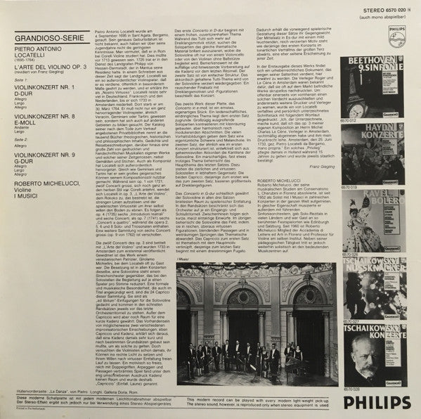 Pietro Antonio Locatelli, I Musici, Roberto Michelucci : 3 Violinkonzerte Aus Op. 3 „L'Arte Del Violino“ (LP, Album)