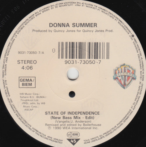Donna Summer : State Of Independence - New Bass Mix (7")