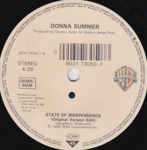 Donna Summer : State Of Independence - New Bass Mix (7")
