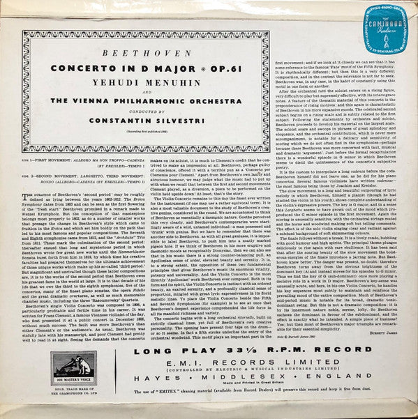 Ludwig Van Beethoven : Yehudi Menuhin with Wiener Philharmoniker conducted by Constantin Silvestri : Violin Concerto In D Major, Op.61 (LP, Mono)