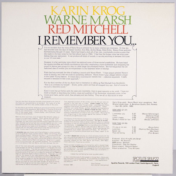 Karin Krog / Warne Marsh / Red Mitchell : I Remember You (LP, Album)