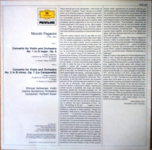 Niccolò Paganini / Shmuel Ashkenasi : Violin Concertos No.1  & No.2 "La Campanella" (LP, RE)
