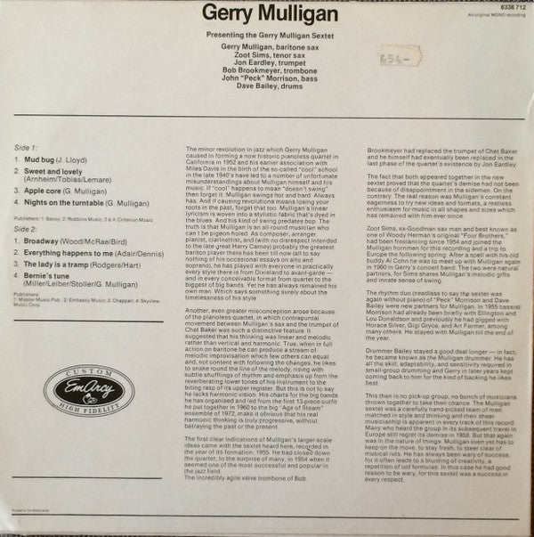 Gerry Mulligan And His Sextet : Presenting The Gerry Mulligan Sextet (LP, Album, Mono, RE)