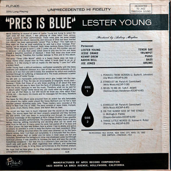 Lester Young : Pres Is Blue (LP, Album)