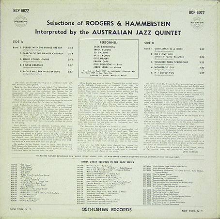 The Australian Jazz Quintet : Plays The Best Of...Six Broadway Musical Hits (LP)