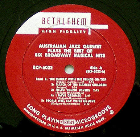 The Australian Jazz Quintet : Plays The Best Of...Six Broadway Musical Hits (LP)