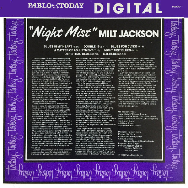 Milt Jackson : Night Mist (LP, Album, Red)