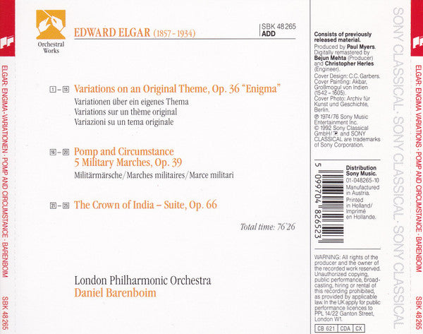 Sir Edward Elgar - London Philharmonic Orchestra, Daniel Barenboim : Enigma Variations - Pomp And Circumstance Marches Nos. 1-5 - Crown Of India Suite (CD, Comp, RM)