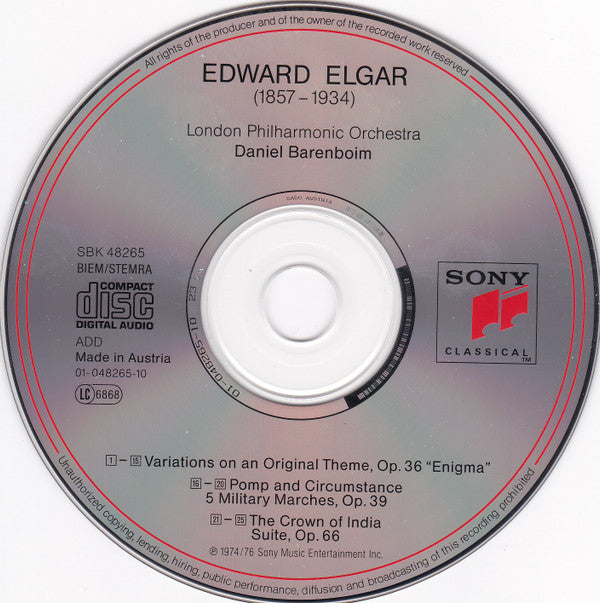 Sir Edward Elgar - London Philharmonic Orchestra, Daniel Barenboim : Enigma Variations - Pomp And Circumstance Marches Nos. 1-5 - Crown Of India Suite (CD, Comp, RM)