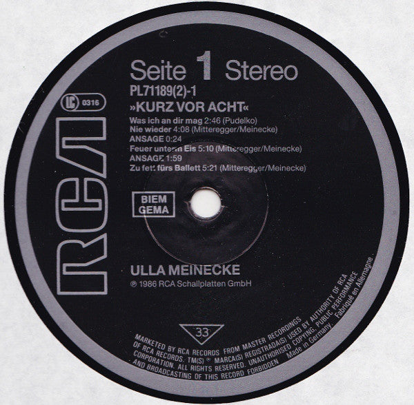 Ulla Meinecke : Kurz Vor Acht (2xLP, Album)