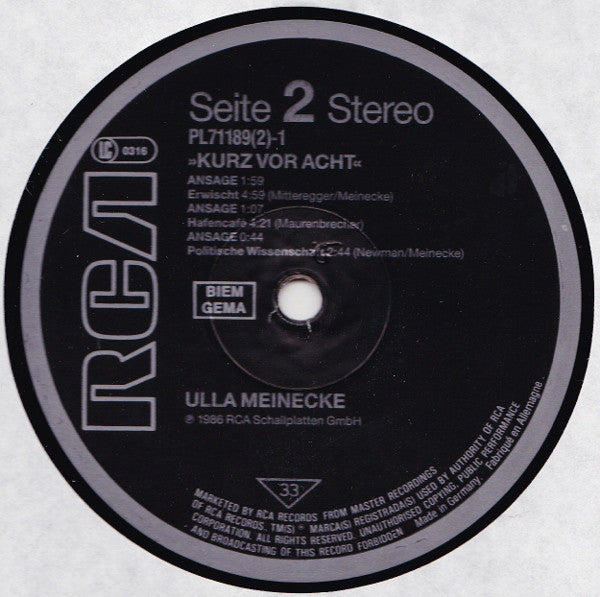 Ulla Meinecke : Kurz Vor Acht (2xLP, Album)