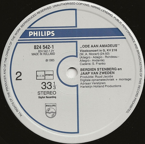 Berdien Stenberg & Jaap van Zweden : Ode Aan Amadeus (LP, Album)