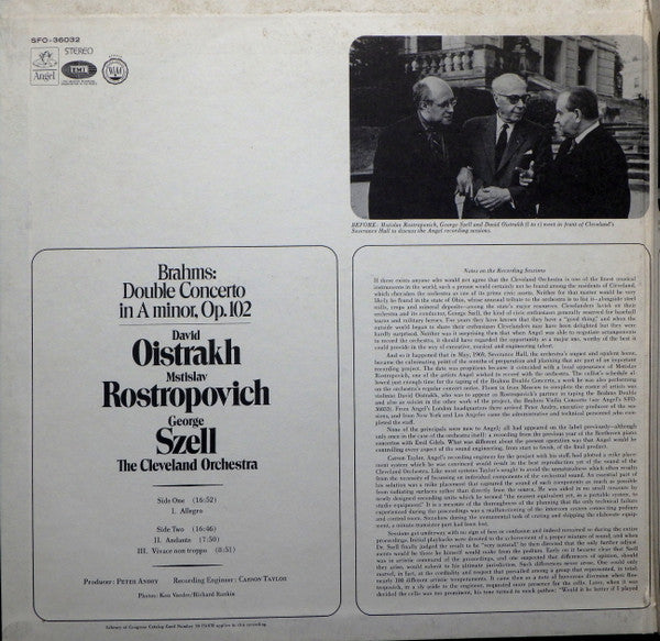 Johannes Brahms – David Oistrach, Mstislav Rostropovich, George Szell · The Cleveland Orchestra : Double Concerto In A Minor (LP, Album, Gat)
