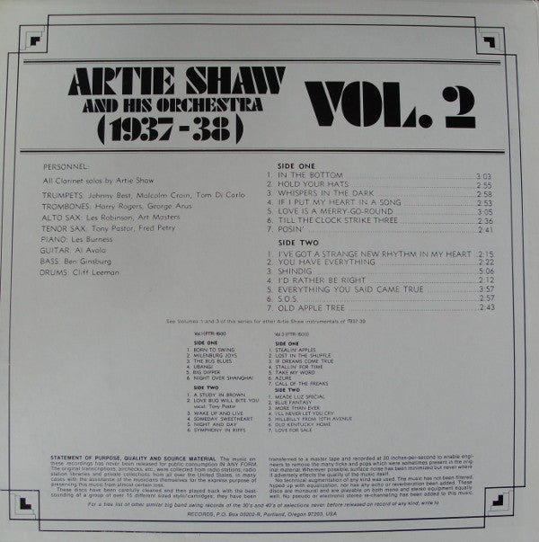 Artie Shaw And His Orchestra : Artie Shaw And His Orchestra (1937-1938) Vol. 2 (LP, Album, Mono)