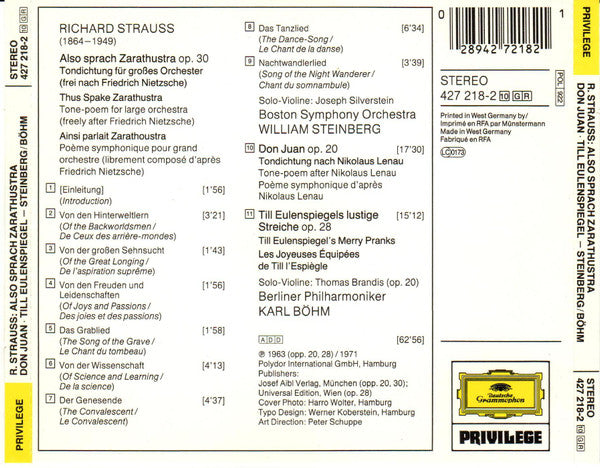 Richard Strauss - William Steinberg, Boston Symphony Orchestra / Karl Böhm, Berliner Philharmoniker : Also Sprach Zarathustra / Don Juan. Till Eulenspiegel (CD, Comp)