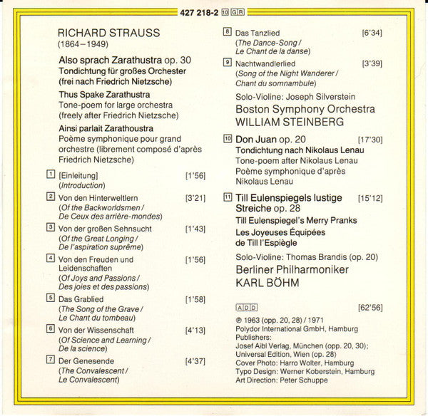 Richard Strauss - William Steinberg, Boston Symphony Orchestra / Karl Böhm, Berliner Philharmoniker : Also Sprach Zarathustra / Don Juan. Till Eulenspiegel (CD, Comp)