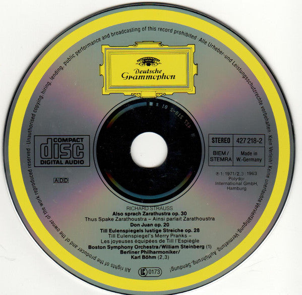 Richard Strauss - William Steinberg, Boston Symphony Orchestra / Karl Böhm, Berliner Philharmoniker : Also Sprach Zarathustra / Don Juan. Till Eulenspiegel (CD, Comp)