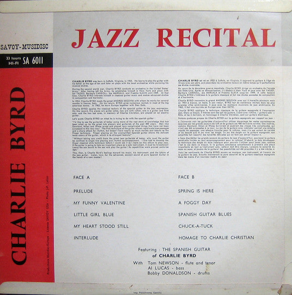 Charlie Byrd : Jazz Recital (LP, Album, RE)