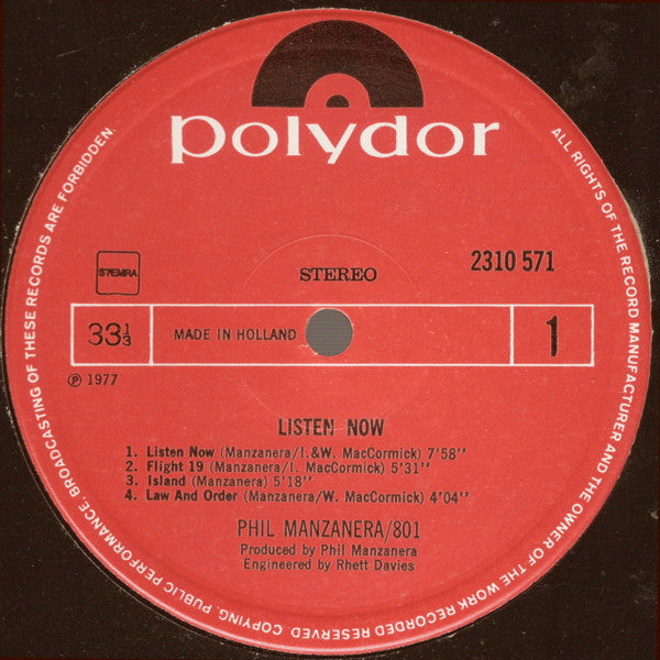 Phil Manzanera / 801 : Listen Now (LP, Album)