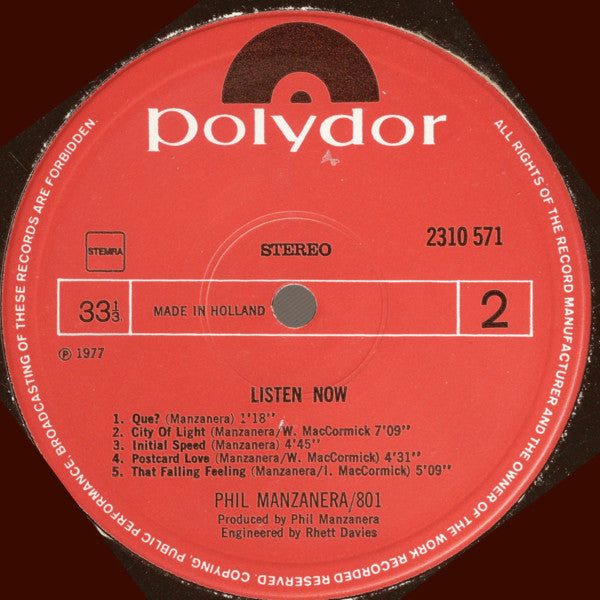 Phil Manzanera / 801 : Listen Now (LP, Album)