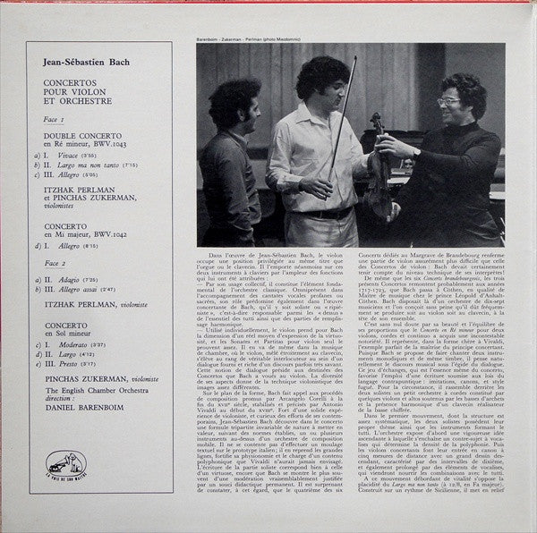 Johann Sebastian Bach / Itzhak Perlman, Pinchas Zukerman, English Chamber Orchestra, Daniel Barenboim : Double Concerto - Concerto En Mi Majeur -  Concerto En Sol Mineur (LP, RE)