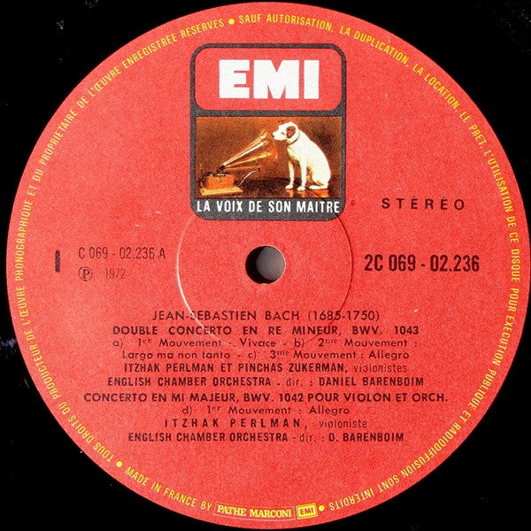 Johann Sebastian Bach / Itzhak Perlman, Pinchas Zukerman, English Chamber Orchestra, Daniel Barenboim : Double Concerto - Concerto En Mi Majeur -  Concerto En Sol Mineur (LP, RE)