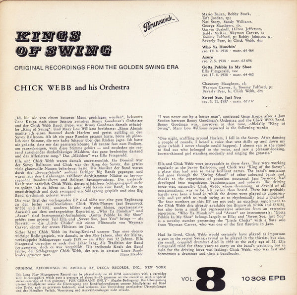 Chick Webb And His Orchestra With Ella Fitzgerald : Kings Of Swing Vol. 8 (7", EP, Mono)