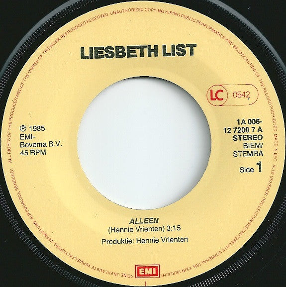 Liesbeth List : Alleen (7", Single)