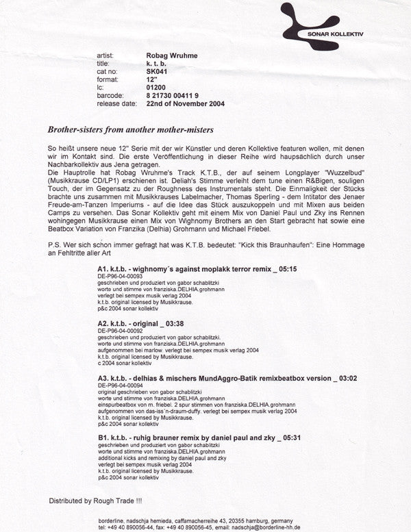Robag Wruhme : K.T.B. (12")