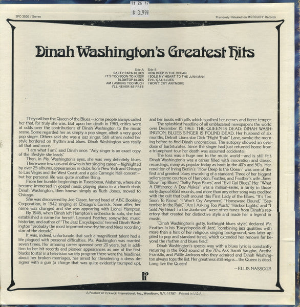 Dinah Washington : Dinah Washington's Greatest Hits Volume 1 (LP, Comp, Enh, RE)