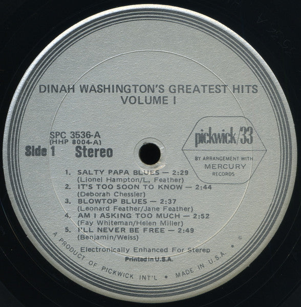 Dinah Washington : Dinah Washington's Greatest Hits Volume 1 (LP, Comp, Enh, RE)