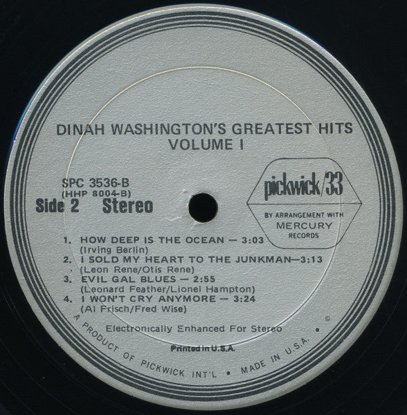 Dinah Washington : Dinah Washington's Greatest Hits Volume 1 (LP, Comp, Enh, RE)