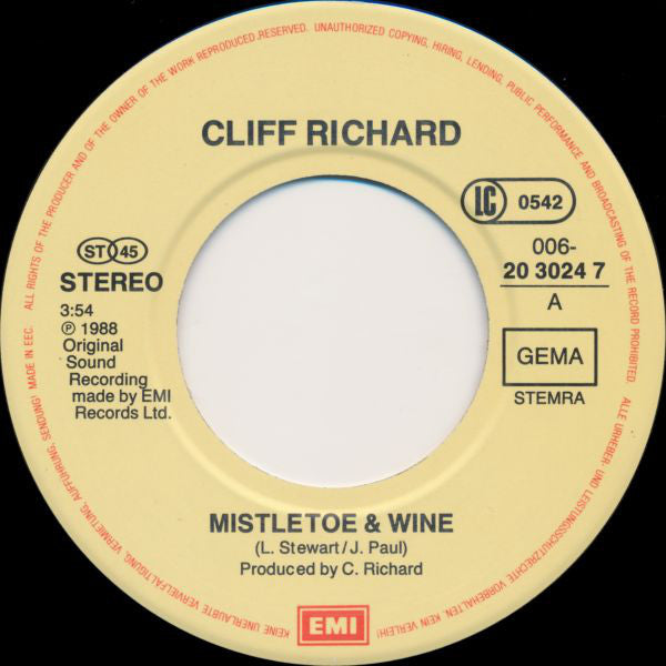 Cliff Richard : Mistletoe & Wine (7", Single)