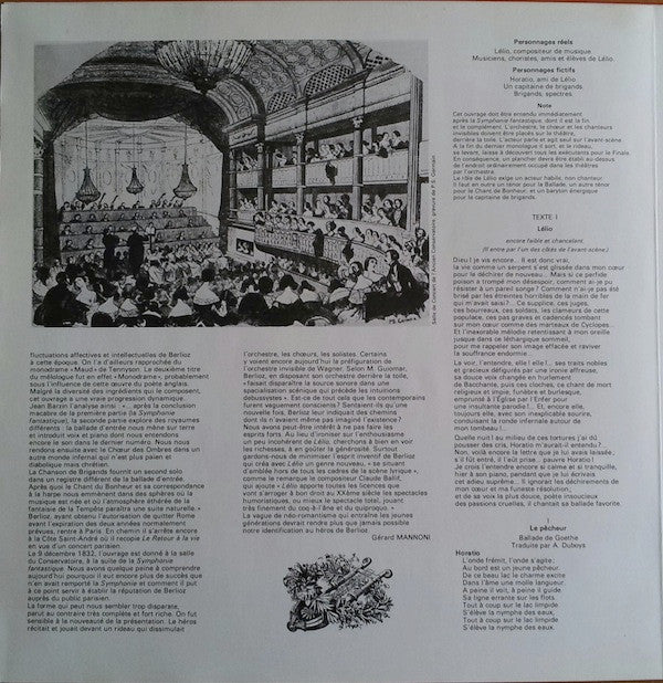 Hector Berlioz, Orchestre National De L'ORTF, Jean Martinon, Jean Topart : Lelio Ou Le Retour À La Vie (LP, Gat)
