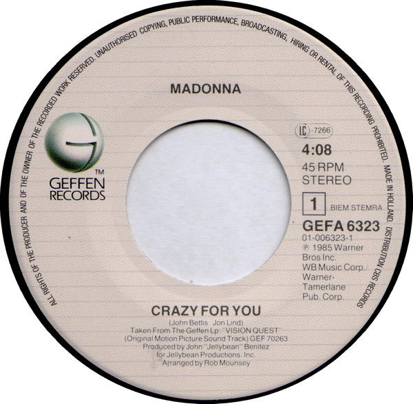 Madonna / Sammy Hagar : Crazy For You / I'll Fall In Love Again (7", Single)