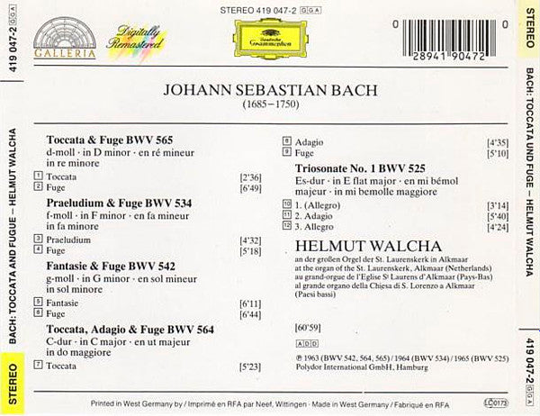 Johann Sebastian Bach / Helmut Walcha : Toccata & Fuge d-moll BWV 565 / Toccata, Adagio & Fuge C-dur BWV 564 / Präludium & Fuge f-moll BWV 534 / Fantasie & Fuge g-moll BWV 542 / Triosonate Nr. 1 Es-dur BWV 525 (CD, Comp, RM)