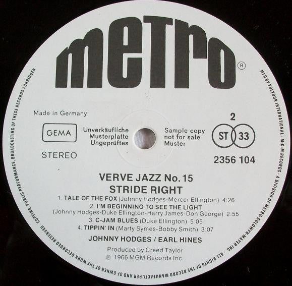 Johnny Hodges, Earl Hines : Stride Right - Verve Jazz No. 15 (LP, Album, Promo)